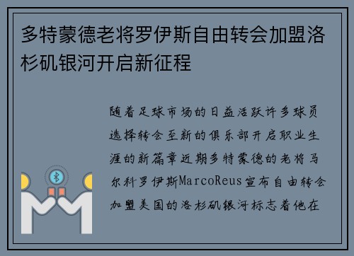 多特蒙德老将罗伊斯自由转会加盟洛杉矶银河开启新征程