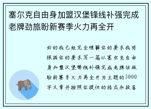 塞尔克自由身加盟汉堡锋线补强完成老牌劲旅盼新赛季火力再全开